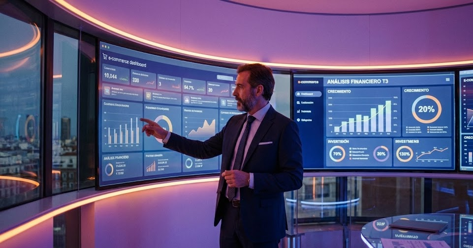 Empresario español exitoso revisando análisis financieros detallados en una moderna oficina con pantallas mostrando dashboards de e-commerce, gráficos de crecimiento y métricas de inversión, ambiente profesional con iluminación neón violeta y naranja