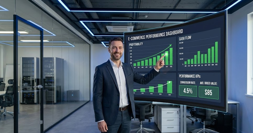 Dashboard financiero profesional mostrando métricas de e-commerce en pantalla grande, con gráficos de rentabilidad, flujo de caja y KPIs de rendimiento, empresario satisfecho observando resultados positivos en oficina moderna con ambiente tecnológico