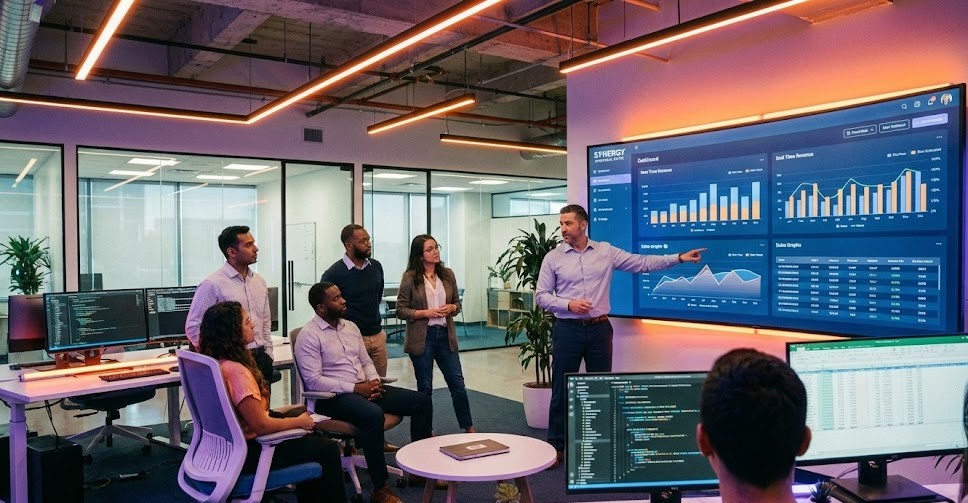 Equipo de consultores financieros implementando sistema de gestión en oficina moderna de e-commerce, pantallas con dashboards financieros, gráficos en tiempo real, ambiente profesional con iluminación de neón naranja y violeta